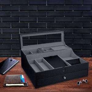 Save jewelry valet tray for men sleek dresser organizer box for storage display perfect for phone watches sunglasses jewelry wallet rings necklace more carbon fiber faux leather