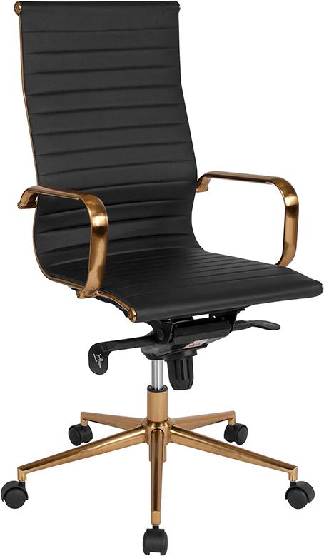 Commercial Grade High Back Black Ribbed Bonded Leather Executive Swivel Office Chair with Gold Frame, Knee-Tilt Control and Arms
