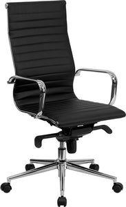 Commercial Grade High Back Black Ribbed Bonded Leather Executive Swivel Office Chair with Knee-Tilt Control and Arms