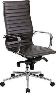 Commercial Grade High Back Brown Ribbed Bonded Leather Executive Swivel Office Chair with Knee-Tilt Control and Arms