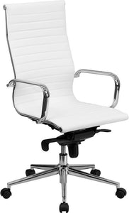 Commercial Grade High Back White Ribbed Bonded Leather Executive Swivel Office Chair with Knee-Tilt Control and Arms