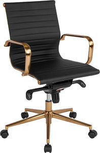 Commercial Grade Mid-Back Black Ribbed Bonded Leather Executive Swivel Office Chair with Gold Frame, Knee-Tilt Control and Arms