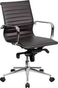 Commercial Grade Mid-Back Brown Ribbed Bonded Leather Swivel Conference Office Chair with Knee-Tilt Control and Arms