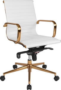 Commercial Grade Mid-Back White Ribbed Bonded Leather Executive Swivel Office Chair with Gold Frame, Knee-Tilt Control and Arms