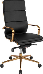 Commercial Grade High Back Black Bonded Leather Executive Swivel Office Chair with Gold Frame, Synchro-Tilt Mechanism and Arms
