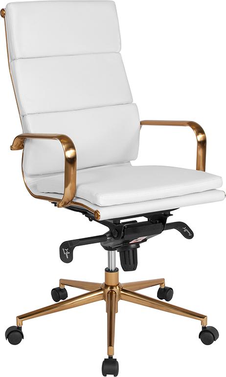 Commercial Grade High Back White Bonded Leather Executive Swivel Office Chair with Gold Frame, Synchro-Tilt Mechanism and Arms