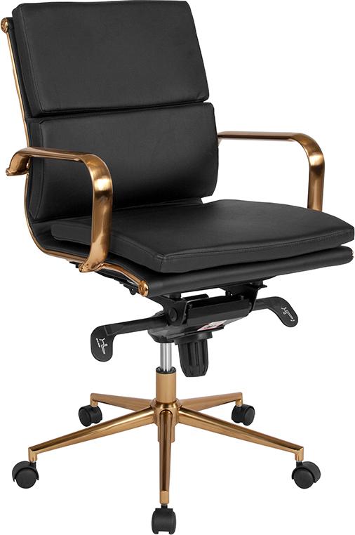 Commercial Grade Mid-Back Black Bonded Leather Executive Swivel Office Chair with Gold Frame, Synchro-Tilt Mechanism and Arms