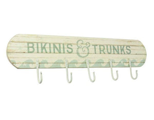 Bikinis & Trunks - Beach Lake Pool Style Distressed Coat Hanger Board - 5 Hooks