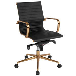 Mid-Back Ribbed Leather Swivel Conference Chair with Knee-Tilt Control and Arms